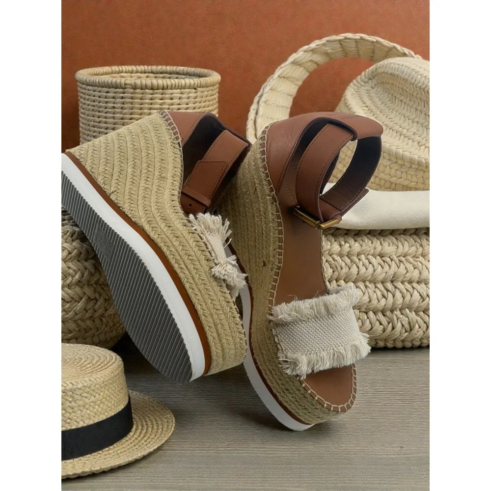 See by‎ Chloe Glyn Fringe Canvas Leather Espadrille Platform Wedge Sandals 38